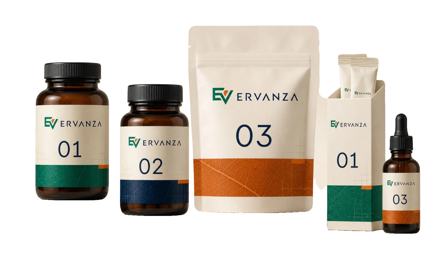 Linha ERVANZA: frascos 01 e 02, sachê 03, caixa de sticks e frasco conta-gotas